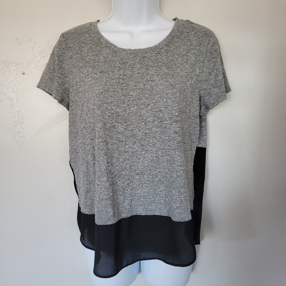 Express Womens Small Grey Short Sleeve Blouse Black Chiffon Trim Business Casual